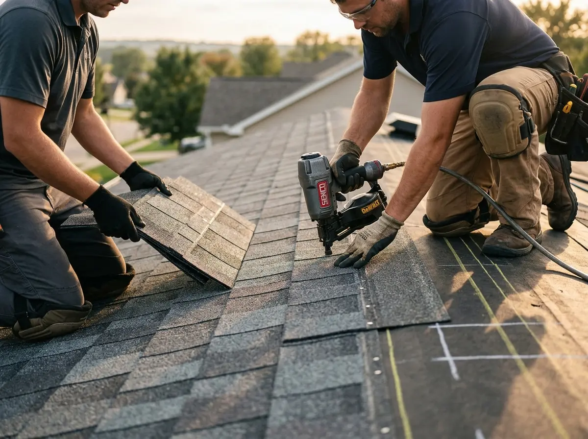 Professional roofer working on a residential roof in Corinth